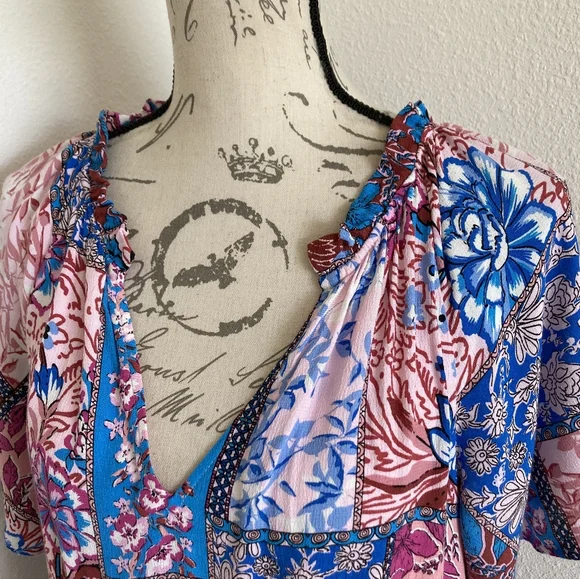 By Anthropologie Robin Tiered Mini Dress L Boho Floral Festival Flowy Patchwork - Picture 12 of 17